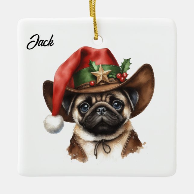 Adorno De Cerámica Navidades personalizados pug con Cowboy Santa Hat (Anverso)