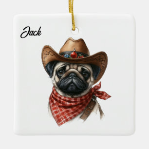 Adorno De Cerámica Navidades personalizados pug con Cowboy Santa Hat