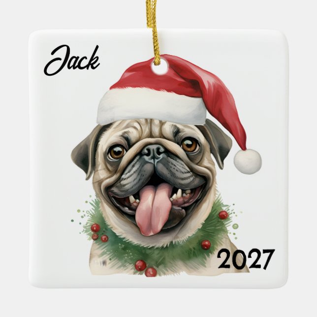 Adorno De Cerámica Navidades personalizados Santa Pug (Anverso)