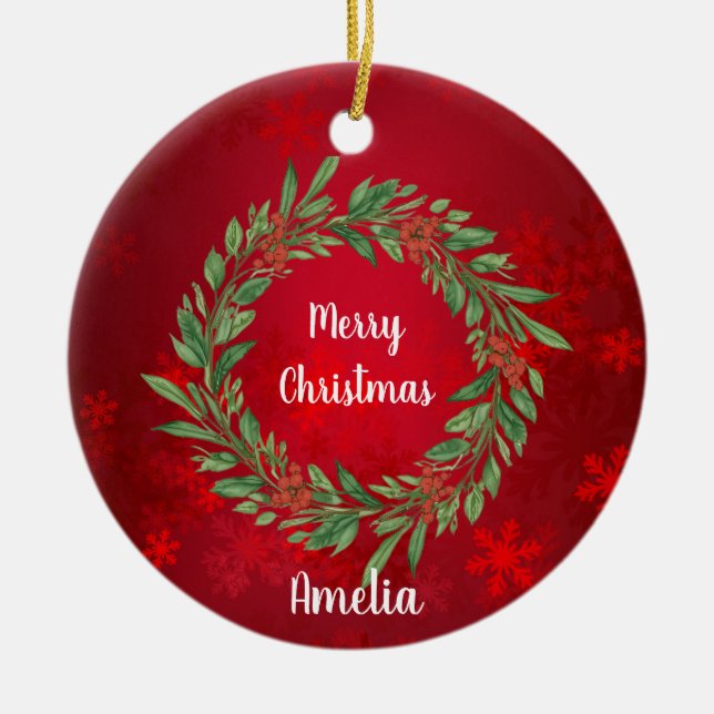 Adorno De Cerámica Navidades personalizados Wreath rojo y verde (Frente)