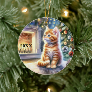Adorno De Cerámica Navidades Personalizar de Gatito Amarillo Fecha Or