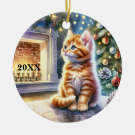 Adorno De Cerámica Navidades Personalizar de Gatito Amarillo Fecha Or