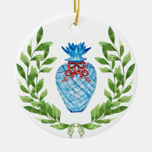 Adorno De Cerámica Navidades Pineapple Blue & White Ginger Jar (Frente)