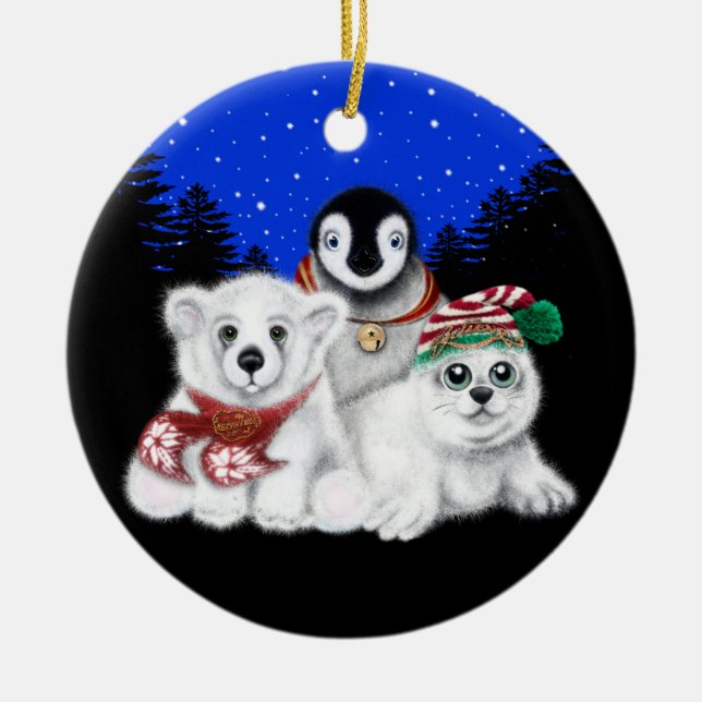 Adorno De Cerámica Navidades pingüino bebé oso polar cachorro (Frente)