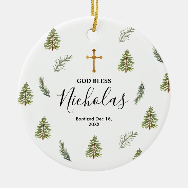 Adorno De Cerámica Navidades Pinos Rústicos Baptismo Dios bendiga (Frente)