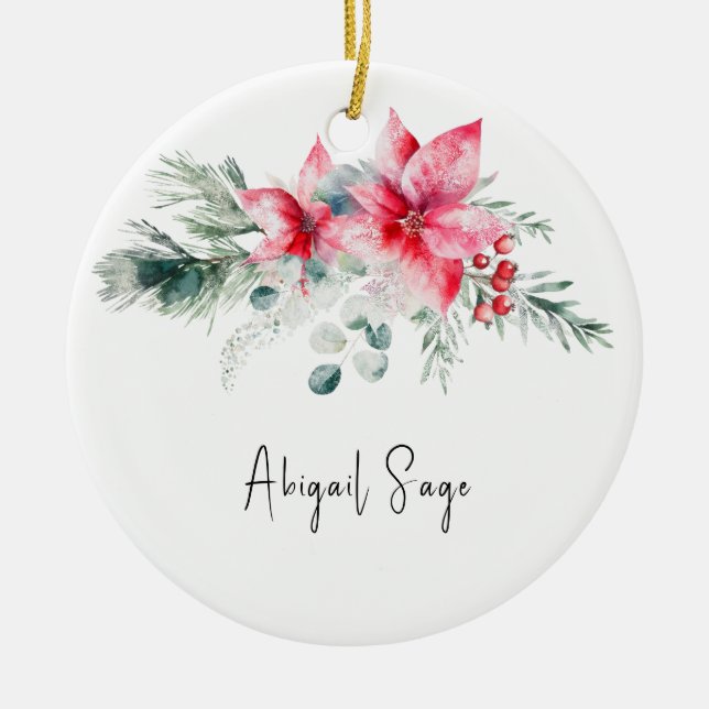 Adorno De Cerámica Navidades Poinsettia Evergreen Floral Bible Verse (Frente)