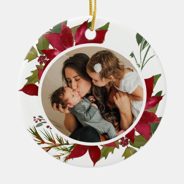 Adorno De Cerámica Navidades Poinsettia Joyeux Noël Foto (Frente)