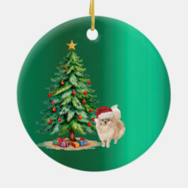 Adorno De Cerámica Navidades Pomeranian Dog Green Merry Greet