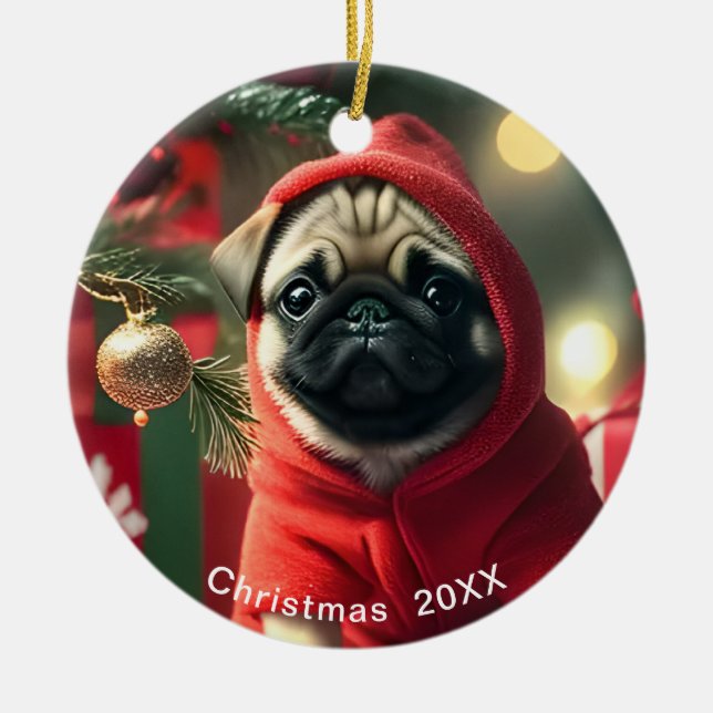 Adorno De Cerámica Navidades Pug Fecha o Añadir Foto Mascota (Frente)