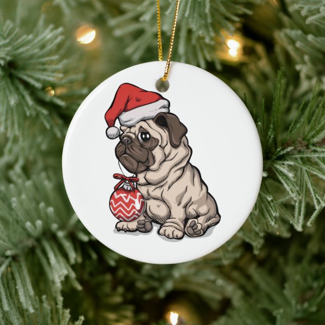 Adorno De Cerámica Navidades Pug lindo gorra personalizado (Árbol)