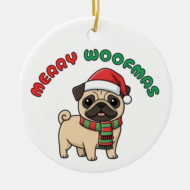 Adorno De Cerámica Navidades Pug Ornament: Merry Woofmas (Frente)