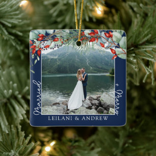Adorno De Cerámica Navidades recién casados Foto Watercolor Holly Nav
