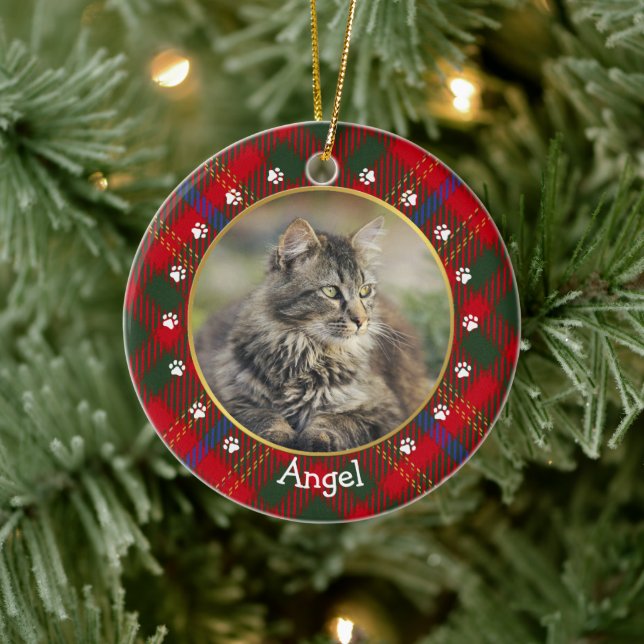 Adorno De Cerámica Navidades Red Green Plaid Cat Photo Frame & Name (Árbol)