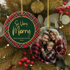 Adorno De Cerámica Navidades Red Tartan Plaid Gold Script