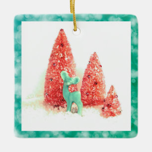 Adorno De Cerámica Navidades retro ciervos con marco Aqua