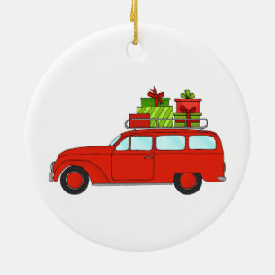 Adorno De Cerámica Navidades retro dibujados a mano coche con regalos
