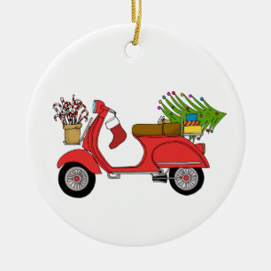 Adorno De Cerámica Navidades retro dibujados a mano scooter con regal