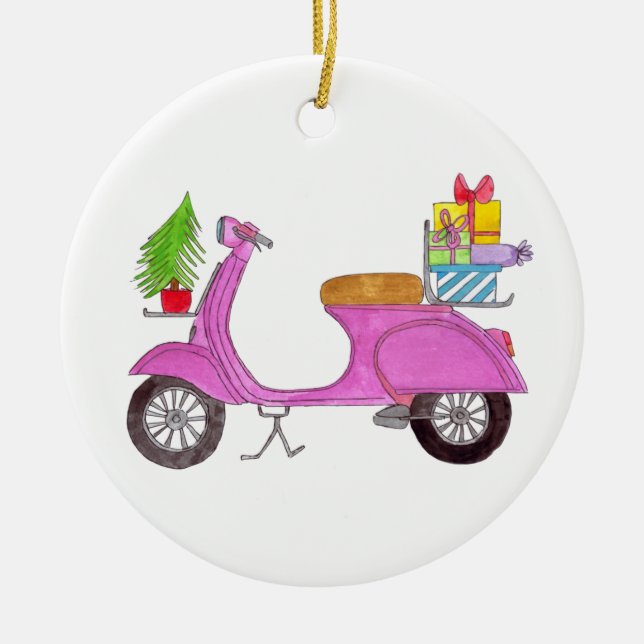 Adorno De Cerámica Navidades retro dibujados a mano scooter con regal (Frente)