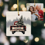 Adorno De Cerámica Navidades retro Red Plaid Personalizado foto<br><div class="desc">¡Decorad los pasillos con nuestro adorno de camión de Navidades rojos retro de yeguas rojas! Personalizado con el nombre de su familia,  es el toque festivo perfecto para añadir encanto y nostalgia a su árbol de vacaciones esta temporada.</div>