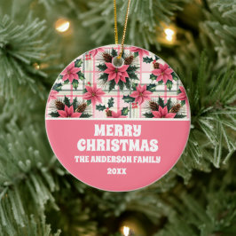 Adorno De Cerámica Navidades Retro Rosado Plaid Floral Feliz Navidad