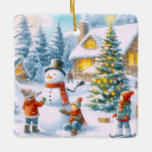 Adorno De Cerámica Navidades retro Snowman<br><div class="desc">Dale un ornamento como regalo y tu familia y amigos te lo harán cada vez que entreguen el adorno en el árbol. Este adorno de keepsake incluye una acuarela de la imagen de la escena invernal generada por IA con muñecos de nieve, árboles de Navidad decorados y niños jugando. Personaliza...</div>
