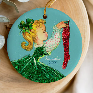 Adorno De Cerámica Navidades retro vintage chica verde caldo rojo