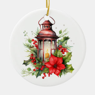 Adorno De Cerámica Navidades rojos Lantern Poinsettia y Pine
