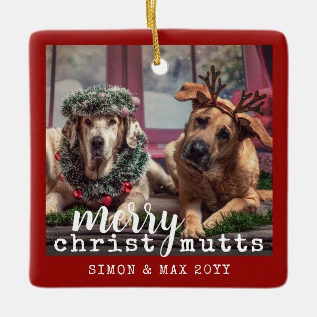 Adorno De Cerámica Navidades rojos personalizados con fotos de perros (Anverso)