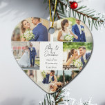 Adorno De Cerámica Navidades románticos del corazón del Collage de fo<br><div class="desc">Este hermoso regalo de adorno navideño de recién casados tiene forma de corazón en forma de corazón y presenta un diseño elegante de 5 fotos bodas sobre un fondo blanco con los nombres, ubicación y fecha de la pareja casada. Un maravilloso regalo de fotos conmemorativo para tu esposa o marido...</div>
