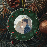 Adorno De Cerámica Navidades románticos Personalizado Mistletoe foto<br><div class="desc">Este romántico adorno navideño muestra su foto personalizada de las vacaciones con un mistletoe festivo y un arco rojo colgando sobre la fotografía de su pareja de personalizados besando. Añada su propia foto recién casada o de compromiso en el centro de este hermoso patrón de vacaciones botánicas verdes. Personalizar este...</div>