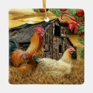 Adorno De Cerámica Navidades Rooster Hen Barn Coop Farm