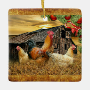 Adorno De Cerámica Navidades Rooster Hen Barn Coop Farm