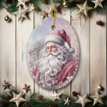 Adorno De Cerámica Navidades rosados clásicos Santa<br><div class="desc">Aquí hay un adorno navideño bonito que hace un buen regalo para un pariente, amigo o vecino. Una imagen clásica de Santa Claus es vestida de rosa con su tradicional barba y bigote de flores. La imagen se coloca en un fondo de color rosa y lavanda. La parte posterior del...</div>