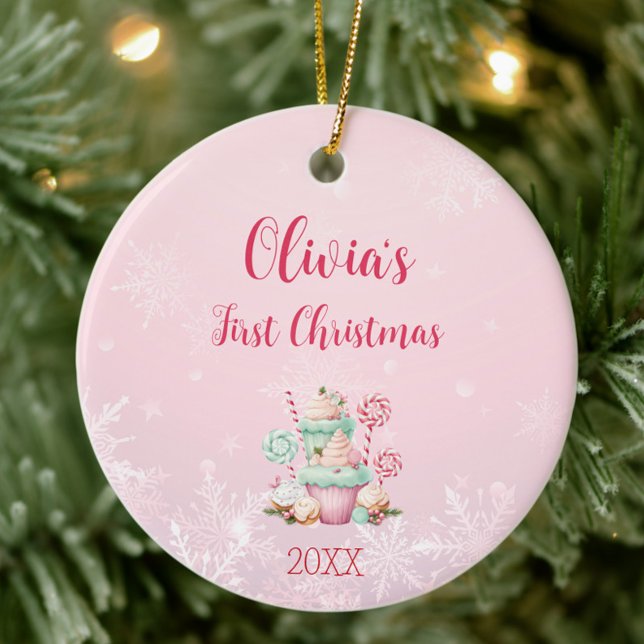 Adorno De Cerámica Navidades rosados Copos de nieve Primera Navidad (Pink First Christmas Ornament with Year, Baby Girl Ornament, Christmas Gift Idea for New Mom)