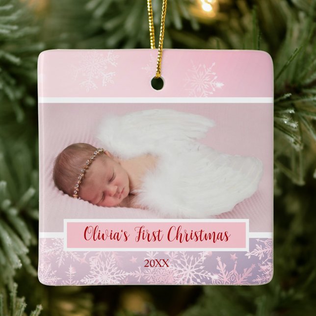 Adorno De Cerámica Navidades rosados Foto Snowflake Primera Navidad (My First Christmas Snowflake Baby Photo Ornament, Pink Christmas, Winter Wonderland, Elegant, Girly)