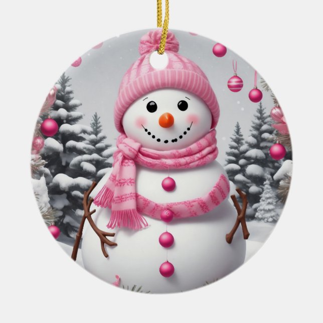 Adorno De Cerámica Navidades rosados personalizados Snowman (Frente)