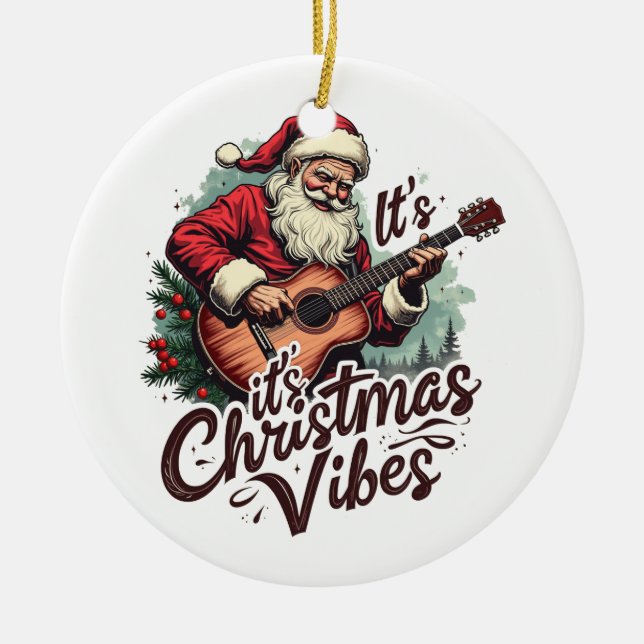 Adorno De Cerámica Navidades Santa Guitar Player - Rockin alrededor (Frente)
