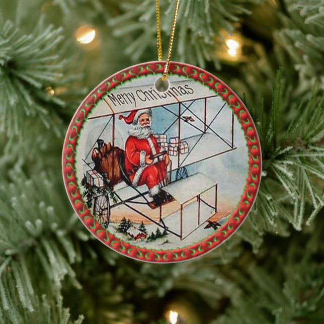 Adorno De Cerámica Navidades Santa volando un viejo avión (Árbol)