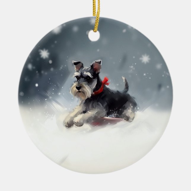 Adorno De Cerámica Navidades Schnauzer en miniatura en invierno (Frente)