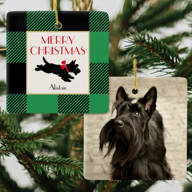 Adorno De Cerámica Navidades Scottie Dog Photo Buffalo Plaid Green (Subido por el creador)