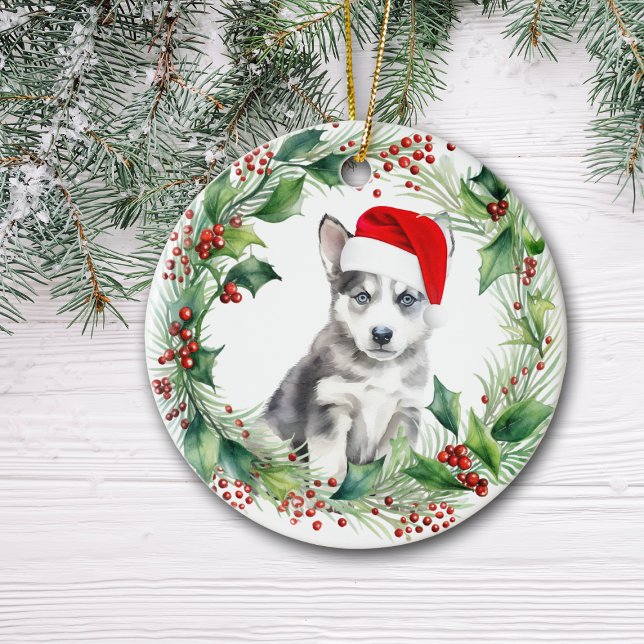 Adorno De Cerámica Navidades Siberian Husky Puppy Holly Wreath (Subido por el creador)