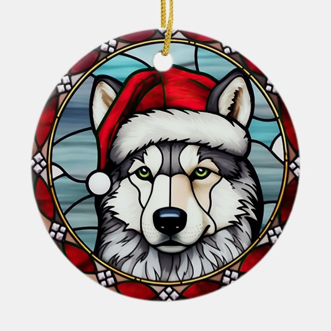 Adorno De Cerámica Navidades Siberian Husky Staines Glass (Frente)