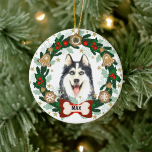 Adorno De Cerámica Navidades siberianos de perros Husky Cookie Wreath