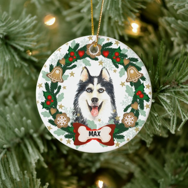 Adorno De Cerámica Navidades siberianos de perros Husky Cookie Wreath (Árbol)