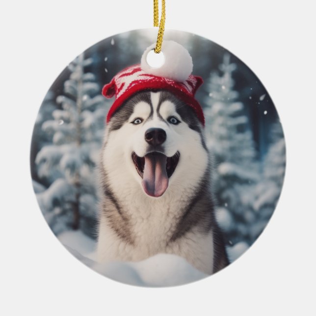 Adorno De Cerámica Navidades siberianos de perros Husky Keepsake (Frente)