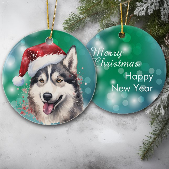 Adorno De Cerámica Navidades siberianos Husky Red Santa Hat Bokeh (Subido por el creador)