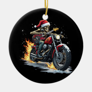 Adorno De Cerámica Navidades Skeleton Biker Rock Music Flame Santa
