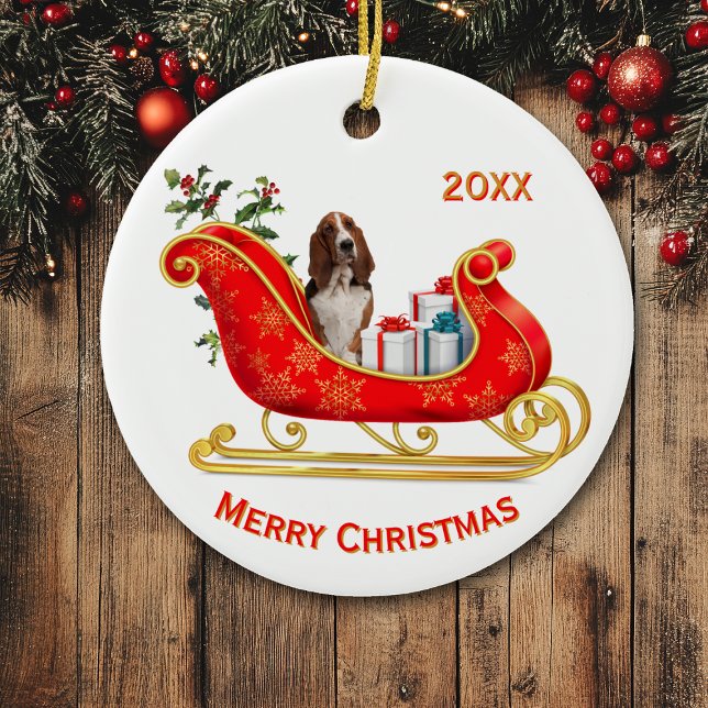 Adorno De Cerámica Navidades Sleigh Basset Hound Dog (Subido por el creador)