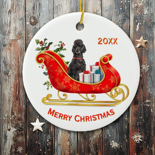 Adorno De Cerámica Navidades Sleigh Black Poodle Dog