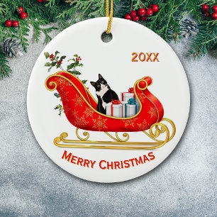 Adorno De Cerámica Navidades Sleigh Gracioso Gato Blanco Negro